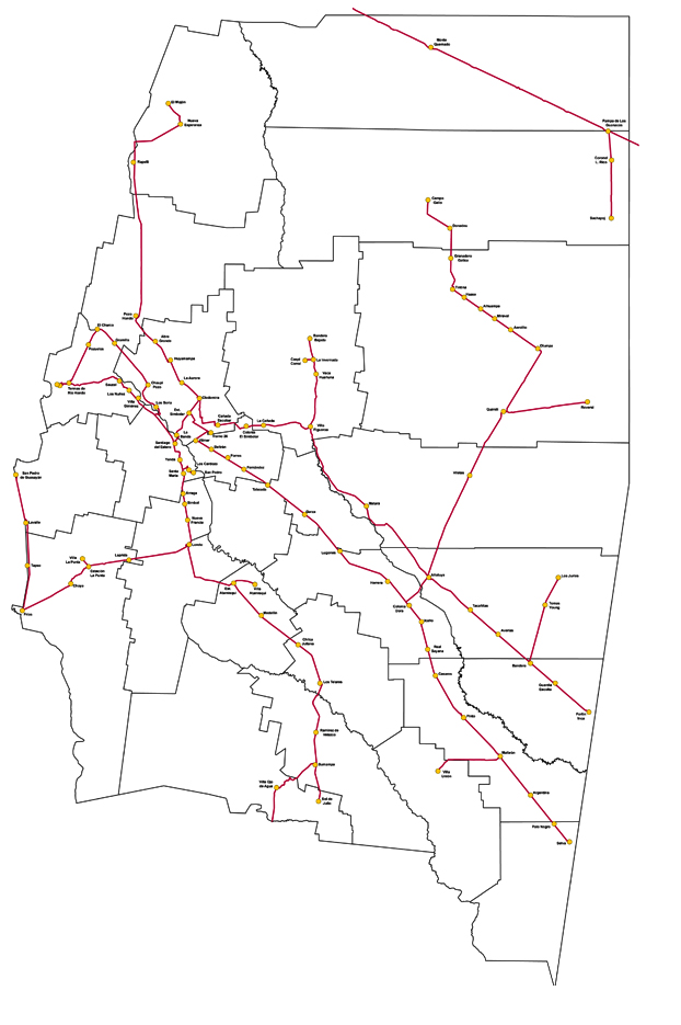 Mapa de Santiago del Estero que muestra la distribución de la red troncal de fibra óptica